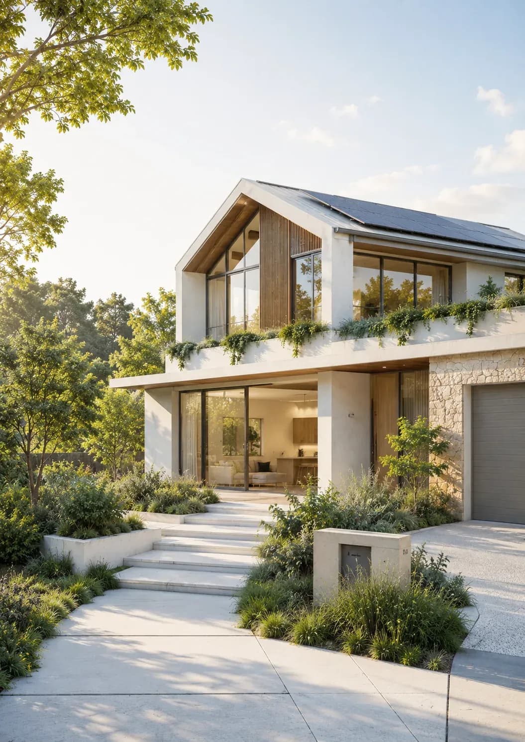 Modern two-storey sustainable home with rooftop solar panels and landscaped native gardens