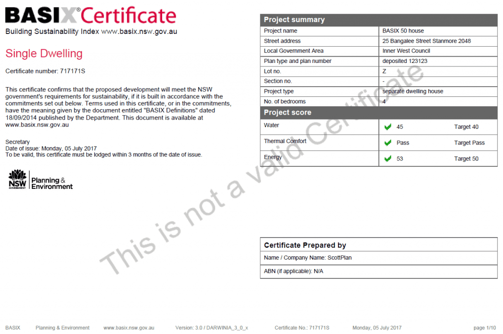 Example of a BASIX Certificate
