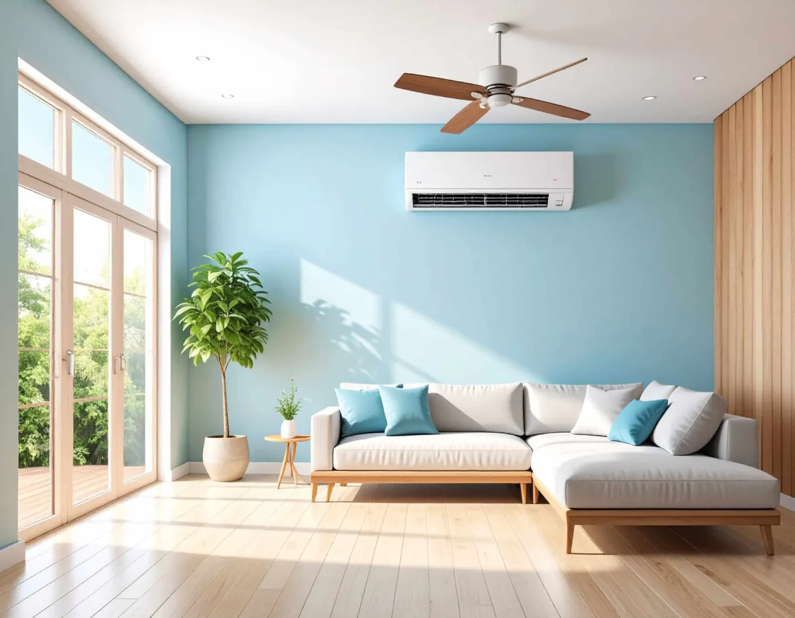 bright lounge area with large windows and air conditioning