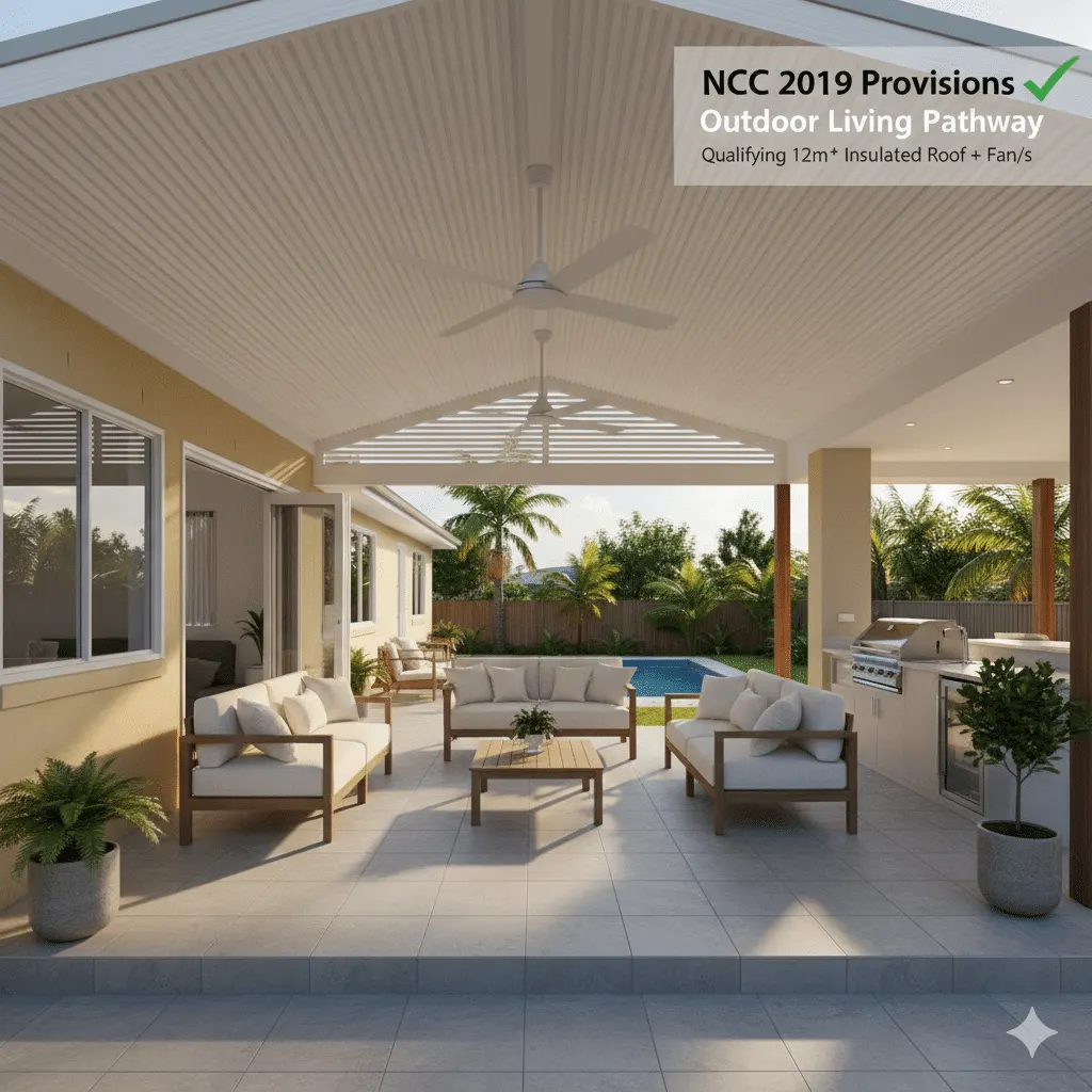 Outdoor living area insulated room and ceiling fan