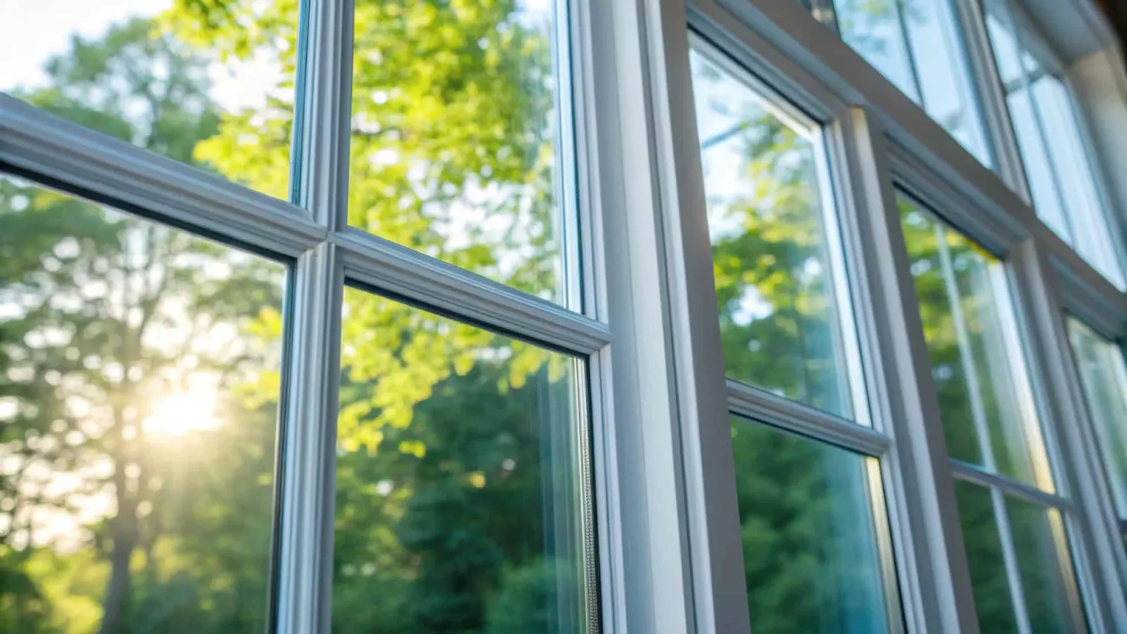 Close-up of glazed window frames in sunlight