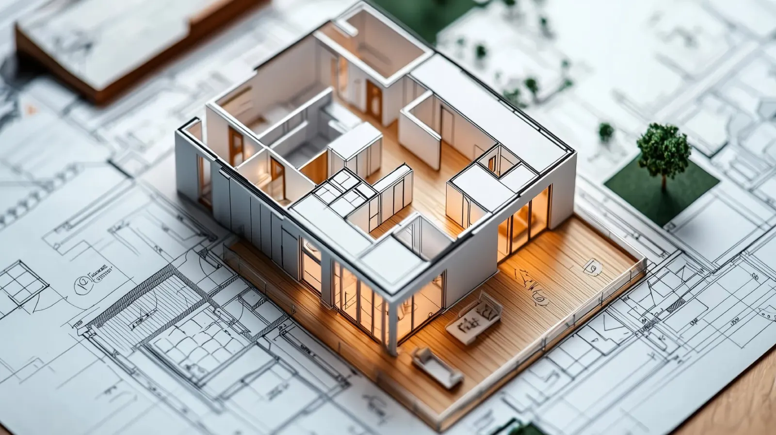 Three-dimensional home model set on architectural plans