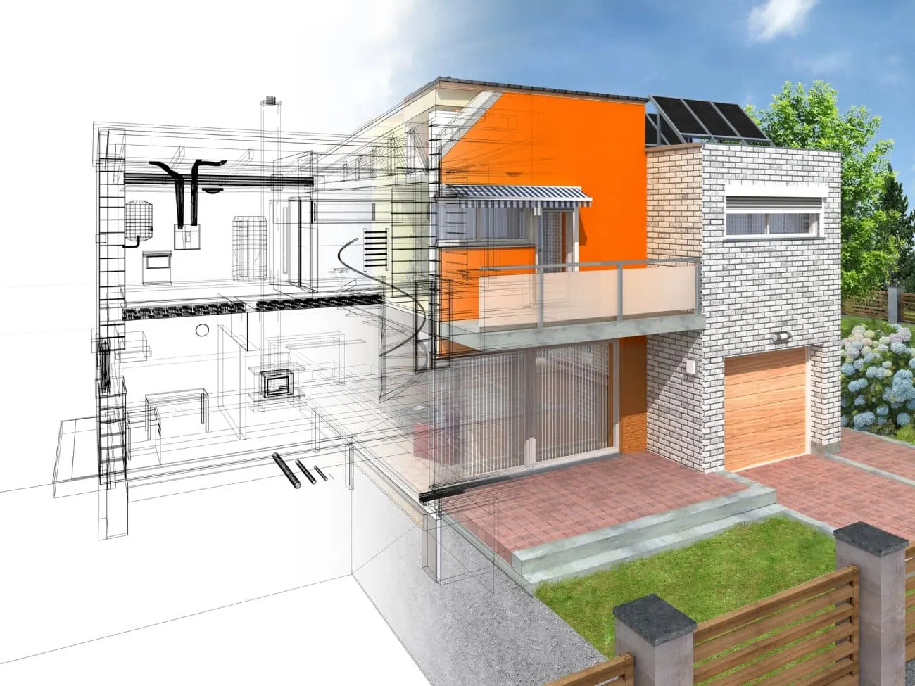 Residential design transitioning from wireframe plans to a finished render