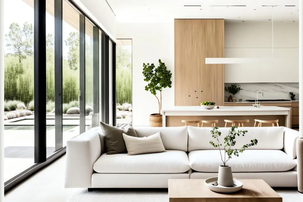 Bright open-plan living area with floor-to-ceiling windows