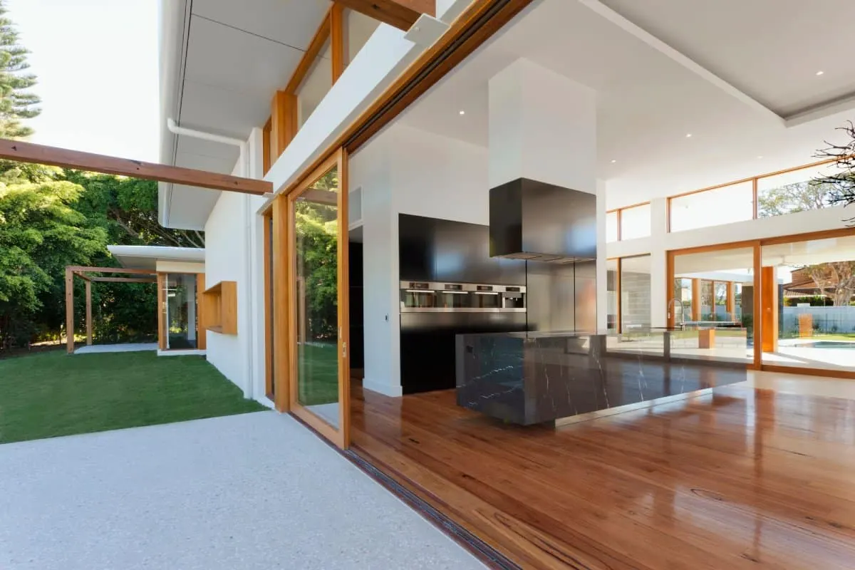 Open-plan home with large sliding doors and clerestory windows