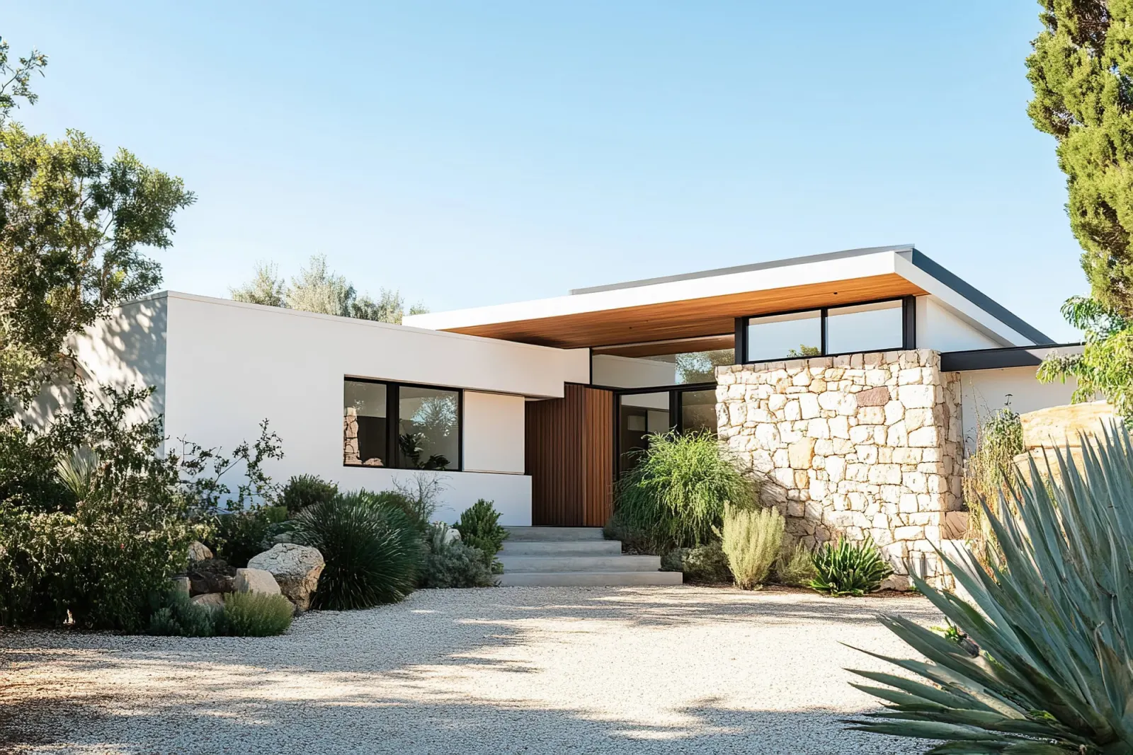 Modern low-profile home with deep eaves and large windows