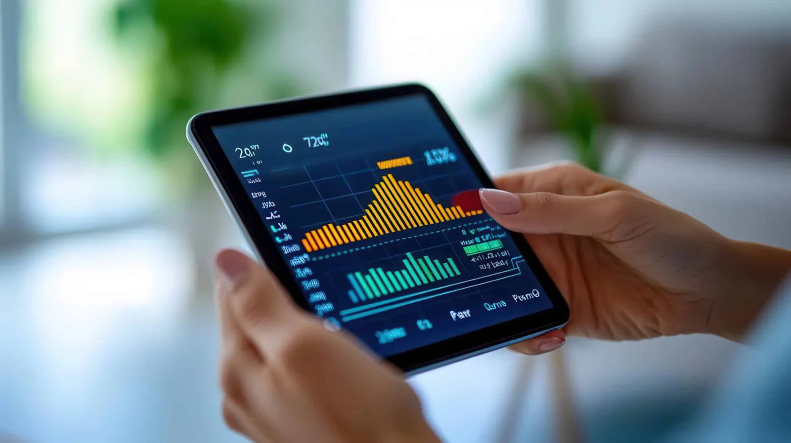 Person reviewing home energy-use data on a tablet