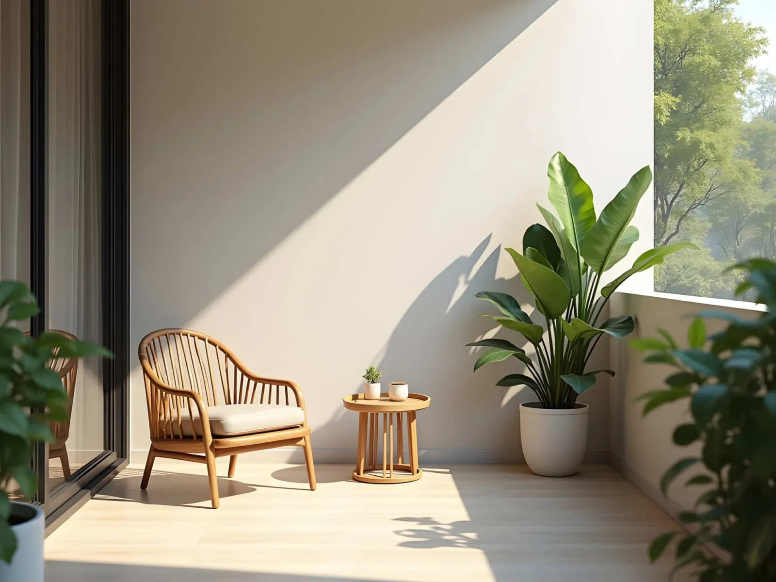 Sunlit balcony with plants beside a living area